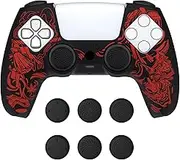 PlayVital Pure Series Dockable Model Anti-Slip Silicone Cover Skin for ps5, Soft Rubber Grip Case for ps5 Wireless Controller Fits with Charging Station with Thumb Grip Caps - Samurai Prajna (Red)