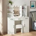 White Dressing Table Stool with LED Lights Mirror, 3 Drawers Vanity Make Up Desk
