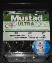 25 Mustad 39951BLN Ultra Point Size 8/0 Circle Hooks 1X Fine Wire Black Nickel
