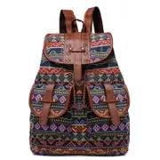 GGP Diamond Pattern Bohemian Style Canvas Backpack Vintage Tribal Pattern Travel Bag With Leather Straps