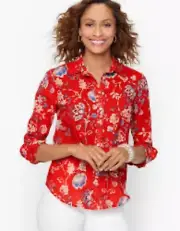 New Talbots Cotton Button Front Red Floral Shirt delicate Jacobean PXL