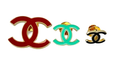 Vintage CHANEL Set of 3 Brooches Pins Enameled Red Teal Black Gold Tone CC Logo