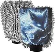 XYMZR Fox Blue Lightning Absorbent Microfiber Car Wash Mitt, Funny Cute Anime Scratch Free for Cars Cleaning, Home Cleaning Mitts, 2 Pack, 10.24” L x 7.09” W