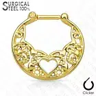 1 Pc Surgical Steel Gold IP Plated Laced Heart Septum Clicker Nose Ring 16g