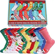 [JOFONY] Christmas Cuddly Socks, 12 Pairs Thick Hut Socks for Women, Warm House Socks with Non-Slip Adhesive Dots, Stopper Socks, Christmas Socks, red, X-Large-XX-Large