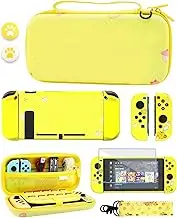 GLDRAM Yellow Carrying Case for Nintendo Switch, Cute Cartoon Dog Accessories Bundle with Portable Travel Storage Bag, PC Protective Skin Cover, Strap, Screen Protector & Thumb Cap for Joycon Console