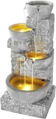 Solar Fountain Water Feature Rock Stack Outdoor LED Lights 4 Tier Gray