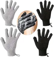 HualianMengxin Bath Exfoliating Gloves Scrub - 4 Pcs (2Pairs) Lengthened and Large Exfoliating Scrubbing Gloves for Shower, Spa, Massage - Scrub Exfoliating Mitts for Body, Face, Hand and Foot (black and gray) (Black and Gray)