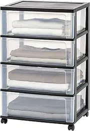 IRIS USA Plastic 4 Drawer Wide Storage Drawer Cart with 4 Caster Wheels for Home, Closet, Bedroom, Bathroom, Office, Laundry, Kitchen, Craft Room, Nursery and School Dorm, Black, Set of 1