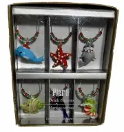 Pier 1 Imports Wine Drink Charms Art Glass Marine Life Ocean Sealife 6 NIB