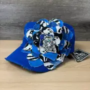 Frayed Flower Hat Cap Strap Back Womens Blue Cadet Army Cap Flowers NWT