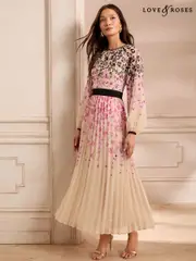 Love & Roses Ivory Animal Petite Printed Crew Neck Pleated Long Sleeve Midi Dress (AP7093) | $120