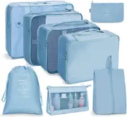 8 Set Packing Cubes with Shoe Bag Travel Luggage Organizer for Suitcase Clothes Storage Bag,Blue
