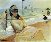 Camille on the beach at Trouville by Claude Monet Giclee Reproduction on Canvas