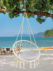 Kezza Home Macrame Hanging Swing Hammock Chair Durable Hardware Kit with Comfortable Cushion Ambience LED Light, Handmade Knitted Mesh Rope Indoor/Outdoor/Home/Bedroom/Patio/Yard/Deck (Grey)