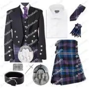 9 pcs Scottish Outfit Prince Charlie Kilt Jacket Traditional 8 Yard Men Kilt Set
