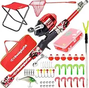 DaddyGoFish Kids Fishing Pole – Telescopic Rod & Reel Combo with Collapsible Chair, Rod Holder, Tackle Box, Bait Net and Carry Bag for Boys and Girls