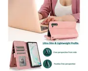 For Samsung Galaxy Note 10 Case, Leather Zipper Purse Flip Cover Case with Card Slot Holder Wrist Strap Lanyard (Pink)