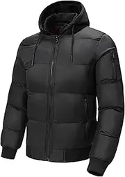 [Generic] Men's Thicken Puffer Jacket Warm Hooded Water-Resistant Puffer Coat Lightweight Winter Padded Jacket