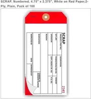 SCRAP, Numbered, 4.75" x 2.375", White on red paper, 2-ply, pack of 100