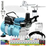 2 AIRBRUSH NAIL SYSTEM KIT w/ 6 Paint Color Set, Air Compressor Nail Art Stencil