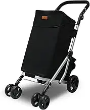 Shopping Trolley Foldable Grocery Cart with Insulated Cooler Bag,Lightweight Frame, Adjustable Wide Cushion Handle,Independent Brake System (Black)