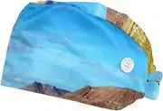 [FVQL] 2 Pcs Bouffant Caps with Sweatband, Scrub Cap with Buttons, African Pattern Giraffe Animal