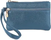 [Jeffdad] Women's Leather Small Zipper Purse with Detachable Wrist Strap, blue