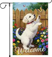 Welcome Spring Summer Garden Flag 12x18 Inch Double Sided Small Cotton veil dog Butterfly Seasonal Wildflowers Burlap Decor Rustic Farmhouse Home Yard Lawn Decoration