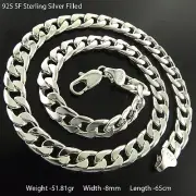 Necklace Real 925 Sterling Silver Filled Solid Men's Cuban Link 8mm Chain 65cm