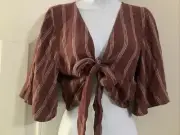American Eagle Womens Tie-Front Crop Top Sz M Bell Sleeves Striped Stretch New