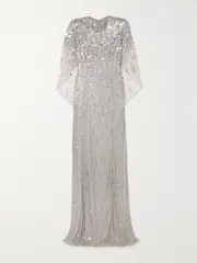 [Jenny Packham] Jenny Packham - Nettie Cape-effect Embellished Sequined Tulle Gown - Platinum - UK 14 UK 14 Silver