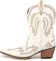 [Emfnzd] Women's Embroidered Cowgirl Boots Calf Thick Heels Pointed Head Country Music Festival Vintage Western Metal Cowboy Ankle Boot