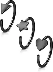 [COCHARM] 3PCS Titanium Half Hoop Nose Piercing Jewellery 20g 8mm Butterfly Hoop Nose Ring Silver Black Gold Heart Moon Star
