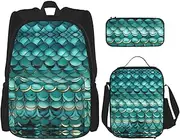 Mermaid Teal Fish Scale Backpack With Lunch Box And Pencil Case 3 In,Kawaii Backpacks With Lunch Bag Matching Combo