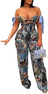 [ksotutm] Two Piece Sets for Women Oil Painting Sleeveless Tie Top Multi Pocket Pants Set