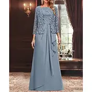 Two Piece A-Line Mother of the Bride Dress Elegant Simple Minimalist Square Neck Floor Length Chiffon Corded Lace Sleeveless 3/4 Length Sleeve with Pleats Ruch