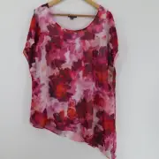 AUTOGRAPH Women's Size 14 Pink Floral Short Sleeve Lined Top Diagonal Hemline