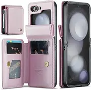 [Asuwish] Phone Case for Samsung Galaxy Z Flip 5 5G 2023 Wallet Cover with Screen Protector and RFID Blocking PU Leather Credit Card Holder Stand Cell Accessories ZFlip5 Z5 G Flip5 5Z Women Men Pink