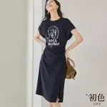 【初色】圓領美式塗鴉T恤連身收腰開叉短袖洋裝-共2色-69947(M-2XL可選)