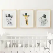 Baby Boy Nursery Wall Art Prints Elephant Giraffe and Rhino, set of three prints