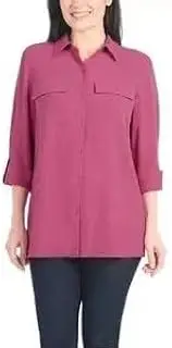 [Hilary Radley] Women's Roll Tab Sleeve Blouse, Button Down, Long Sleeve, Crinkle Top with Chest Pockets