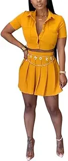 [LUXRUB] Women's Sexy 2 Piece Outfits V Neck Short Sleeve Crop Top and Pleated Mini Solid Color Short Skirt Tennis Sets (Color : Yellow, Size : Medium)