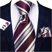 [VSOLS] Men's Blue Black Striped Tie 3.4" Tie Pocket Square Cufflinks Wedding Party Silk Tie Set (Color : SN-3345, Size : 59.06 * 3.35in)