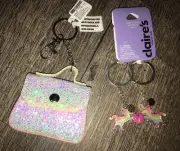 Claire’s Unicorn Magnetic Keychain Mini Glitter Purse Backpack Clip Blue Lot
