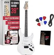 LyxPro CS 39” Electric Guitar Kit for Beginner, Intermediate & Pro Players with Guitar, Amp Cable, 6 Picks & Learner’s Guide | Solid Wood Body, Volume/Tone Controls, 5-Way Pickup - White, EGST39W