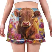 [RPLIFE] Cute Highland Cow Flowers Field Womens Boxer Shorts, Soft Comfy Women's Lounge Shorts