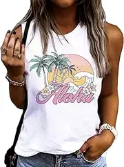 [LANMERTREE] Women Beaches Booze and Besties Tank Top Sleeveless Racerback Vest Top Letter Print Summer Vacation Shirt Cami
