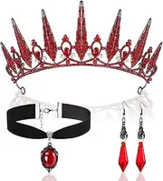 [Yinkin] 3PCS Gothic Halloween Costumes Accessories Set, Red Black Gothic Queen Crown Vampire Choker and Bat Dangle Earrings for Vampire Bride Costume, Witch Jewelry Gift or Halloween Prom Outfit,