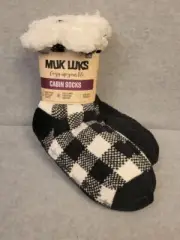 New 2 Pack Muk Luks Women's Cabin Socks Fully Lined Thick Black & Plaid L/XL - H